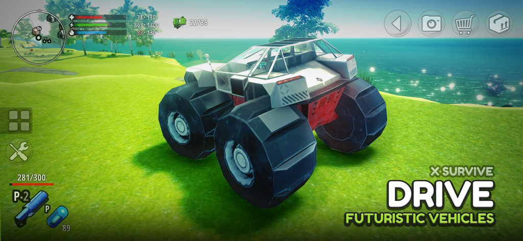 X Survive: Open World Sandbox - A large futuristic rover with giant wheels driving on a green coastal landscape in the X Survive open world sandbox game.
