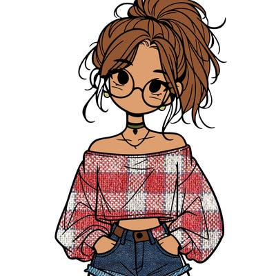 girl with a messy ponytail glasses a baggy crop top and jean shorts