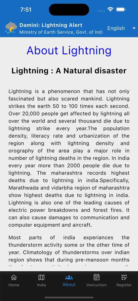 Damini : Lightning Alert - Écran d'information dans l'application Damini décrivant la foudre comme une catastrophe naturelle et son impact en Inde.