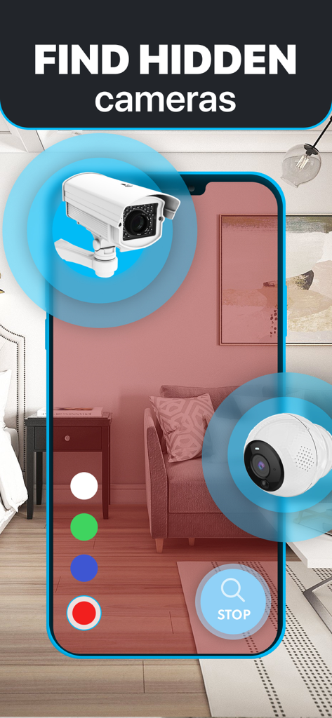Una pantalla de aplicación móvil que muestra la función de búsqueda de cámaras ocultas escaneando una habitación