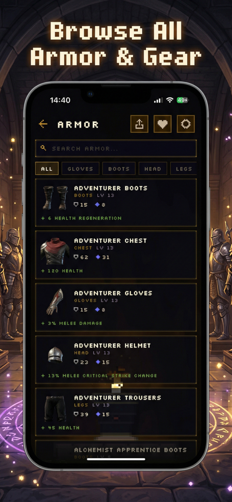 Companion for Enshrouded - Pantalla de base de datos de armaduras y equipo de la aplicación móvil Compañero para Enshrouded.