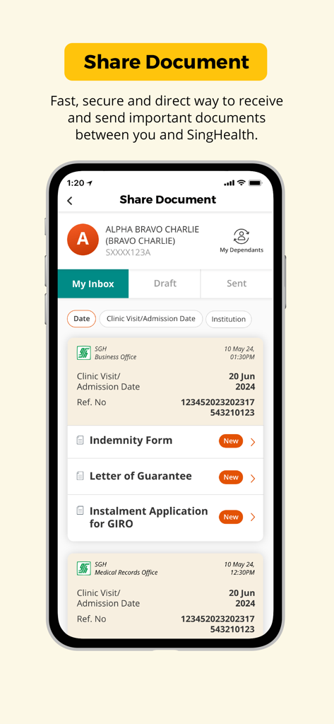Screenshot of the Health Buddy app showing the Share Document feature with an inbox for medical forms and guarantee letters