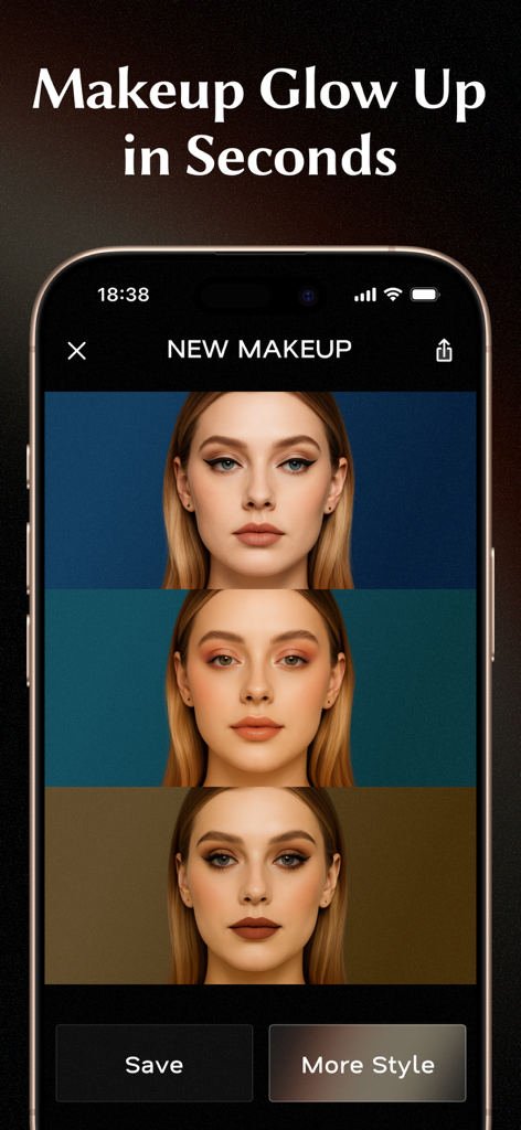Glowify app screen showing three different AI makeup styles on a woman face