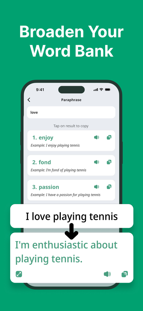 AI Grammar Check app screenshot showing synonyms and sentence paraphrasing to broaden vocabulary.