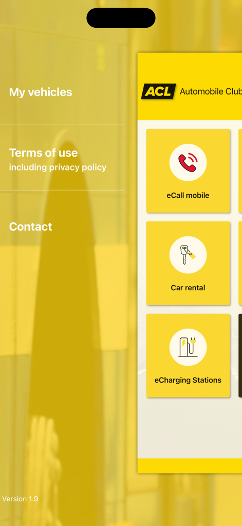 ACL App - Menu principal do App ACL com opções de eCall móvel, aluguel de carros e postos de carregamento elétrico