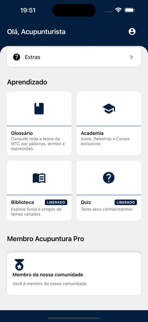 Acupuntura Pro - Panel de la aplicación Acupuntura Pro que muestra módulos educativos para profesionales de MTC, incluyendo glosario, academia, biblioteca y cuestionario