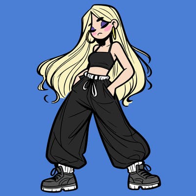 girl in baggy pants crop top and long hair