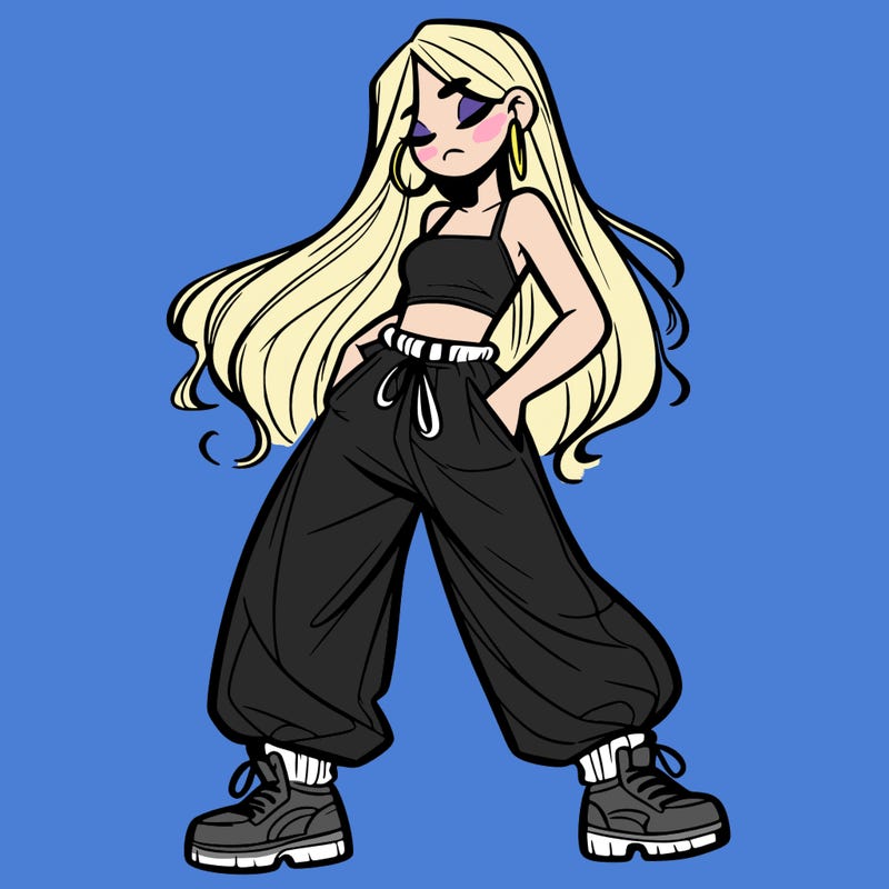girl in baggy pants crop top and long hair