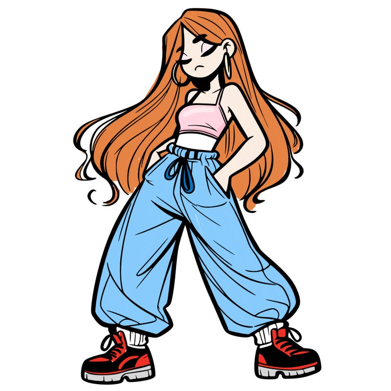girl in baggy pants crop top and long hair