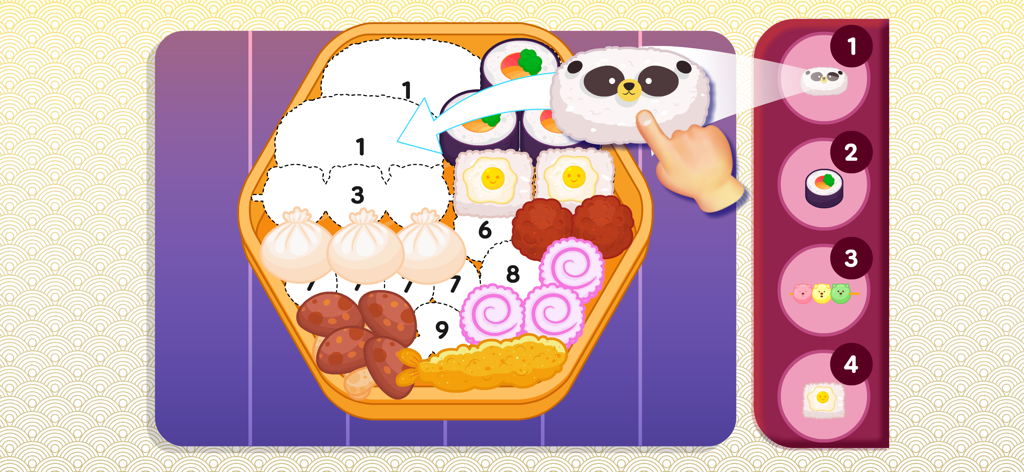 Sushi Maker—Kids Cooking Games - Interactive bento box puzzle in Sushi Maker game for kids featuring panda-shaped rice and Japanese food items
