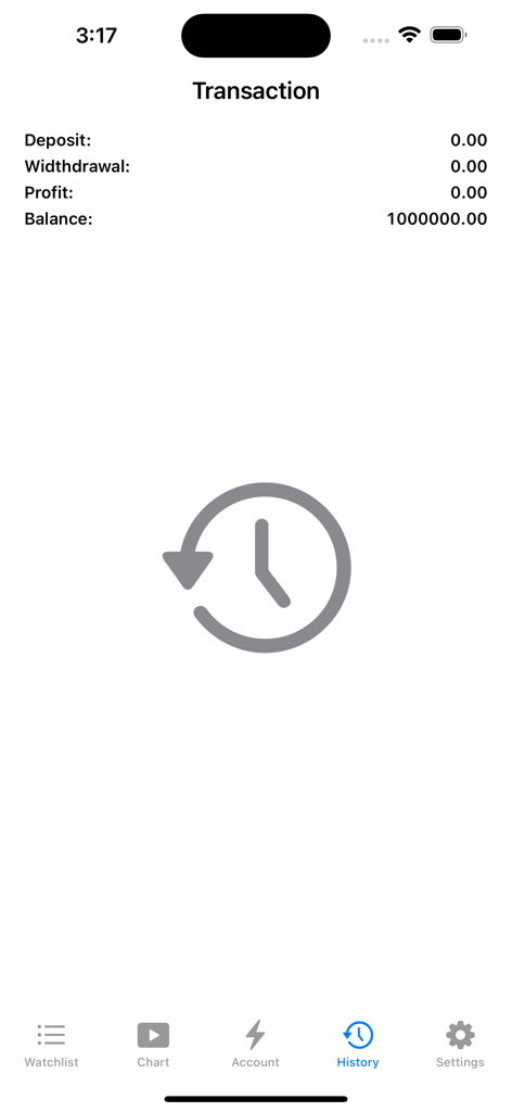 Trading Lab - Trading Lab app interface showing the transaction history section with financial summaries for deposit, withdrawal, profit, and balance.