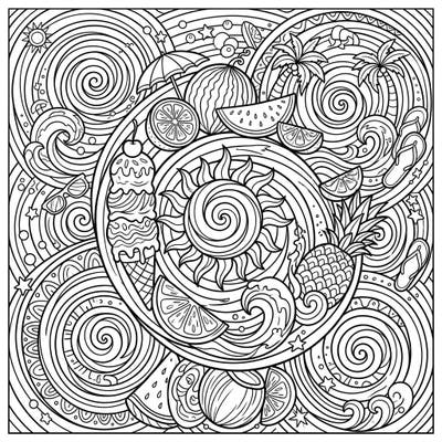 Unleash your creativity with this intricate coloring page, where the vibrant energy of summer meets the captivating allure of hypnotic spirals. Dive into a world of sunny beach motifs, refreshing fruits, and sweet treats, all waiting for your personal touch.