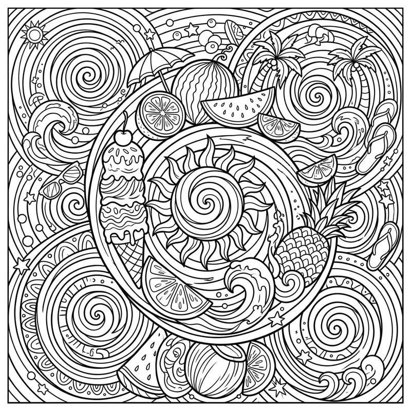 Unleash your creativity with this intricate coloring page, where the vibrant energy of summer meets the captivating allure of hypnotic spirals. Dive into a world of sunny beach motifs, refreshing fruits, and sweet treats, all waiting for your personal touch.