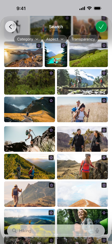 Search interface in Numbers app showing a grid of hiking photos and image filters