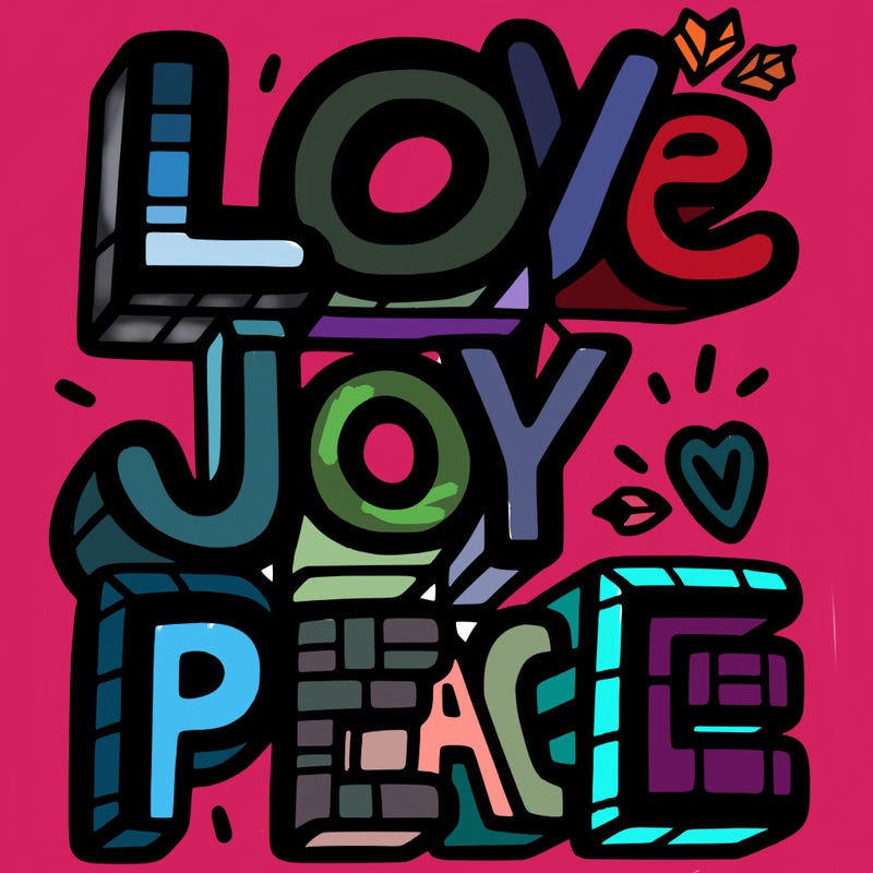 the word in block letters "love, joy, peace"