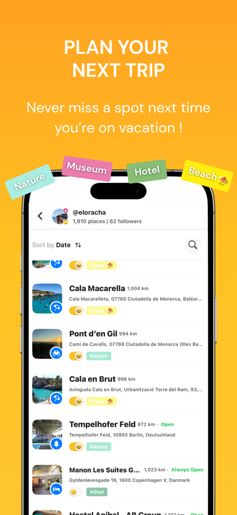 Mapstr app interface showing a list of saved travel spots with colorful category tags like Nature, Museum, and Hotel on an orange background.