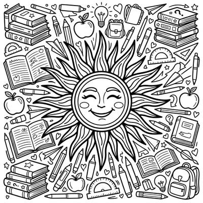 Welcome the new school year with this delightful coloring page featuring a cheerful sun at its heart. It's surrounded by an abundance of school supplies, ready for you to bring to life with color.