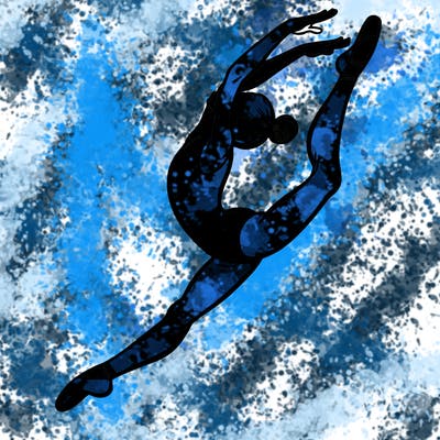 gymnast doing a leap in a leotard with a bent back leg