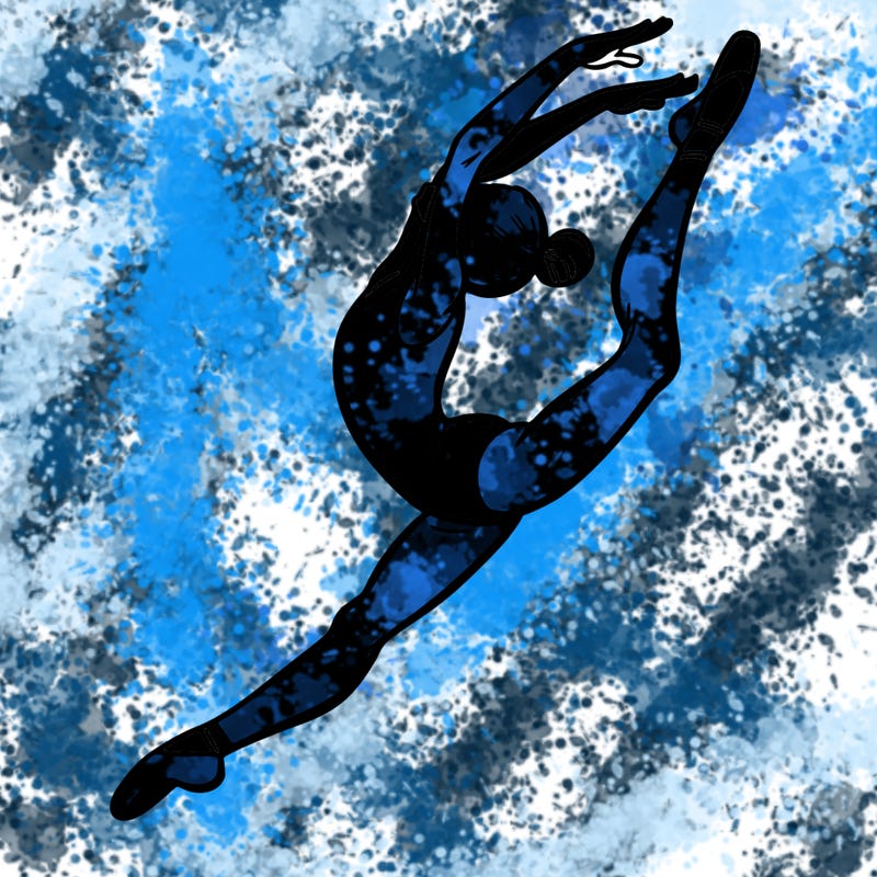 gymnast doing a leap in a leotard with a bent back leg