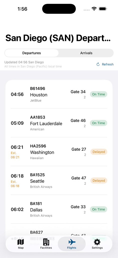 Real time flight departures list on the San Diego International Airport interactive guide app showing gate numbers and status