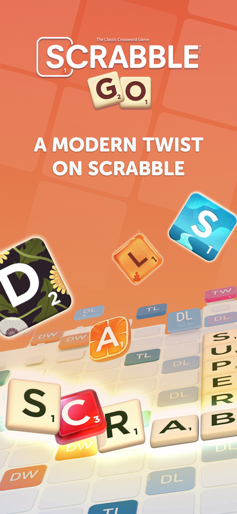 A promotional image for Scrabble GO featuring colorful collectible letter tiles and the text A Modern Twist on Scrabble.
