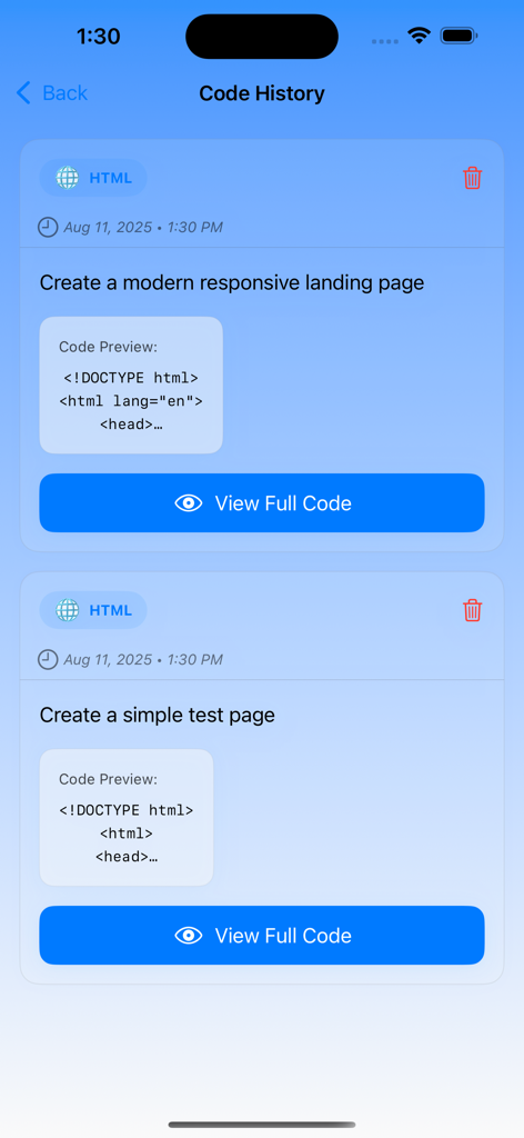 AI Website Builder - AIウェブサイトビルダーアプリのコード履歴画面。生成されたHTMLコードスニペットのリストと、完全なコードを表示するボタンを表示。