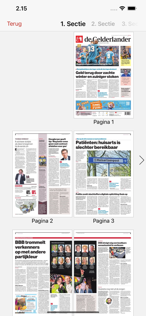 A screenshot of the DG Digitale Krant app showing a grid overview of newspaper pages from De Gelderlander.