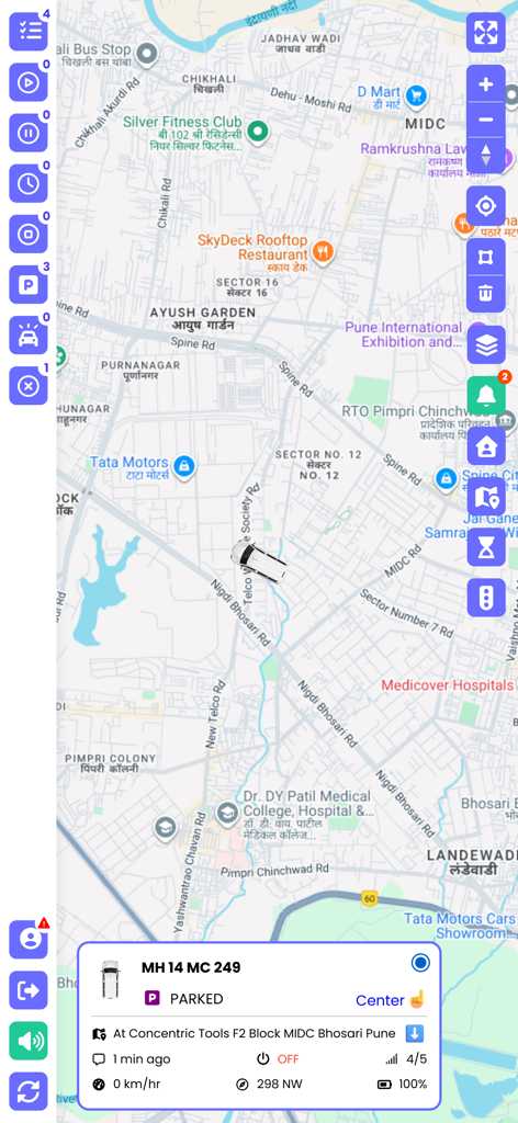GPS India - Real-time fleet tracking interface of the GPS India app showing a parked vehicle on a map in Pune