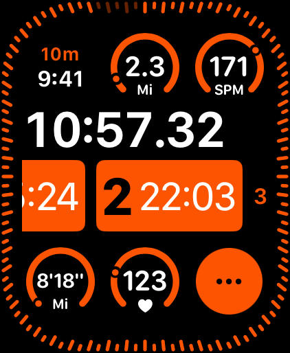 Running App for Watch - Fourie - Fourie running app dashboard on Apple Watch displaying real time workout metrics including time distance cadence and heart rate