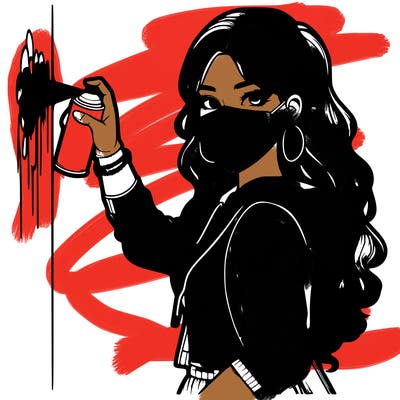 realistic girl with mask spray painting a wall