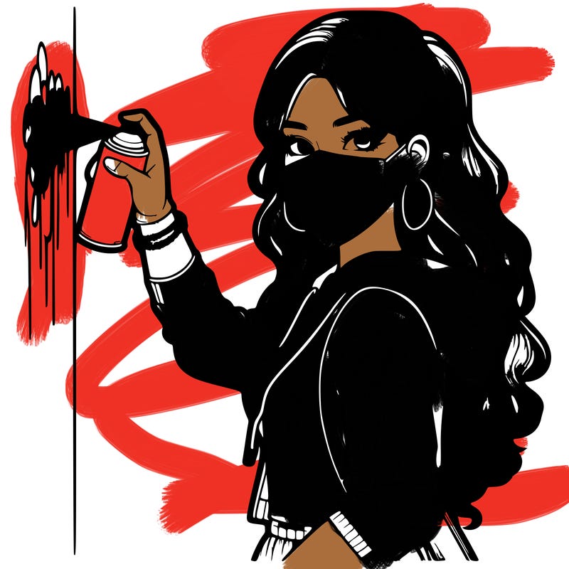 realistic girl with mask spray painting a wall