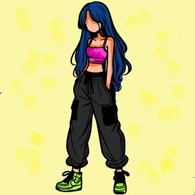 girl in baggy pants crop top and long hair