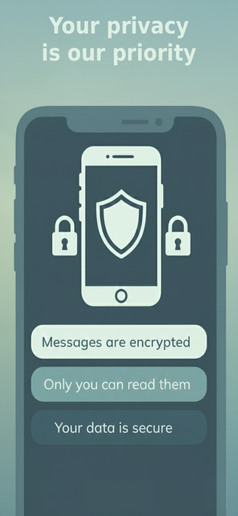 Captura de pantalla de la aplicación Sophia Helps que muestra funciones de privacidad como mensajes encriptados y almacenamiento seguro de datos
