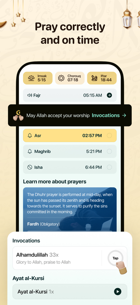 Interfaz de la aplicación Maarifa que muestra los horarios de oración diarios y un contador de invocaciones
