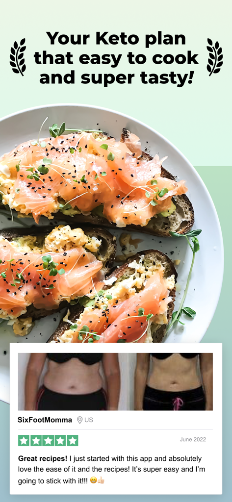 Keto meal plan app showing a healthy breakfast and a user weight loss testimonial