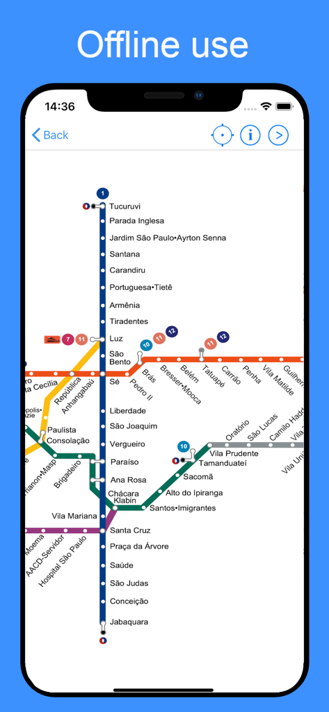 Metro BR - Sao Paulo & Rio - Interfaz del mapa del metro de Sao Paulo en un smartphone mostrando líneas de tránsito y estaciones para navegación offline