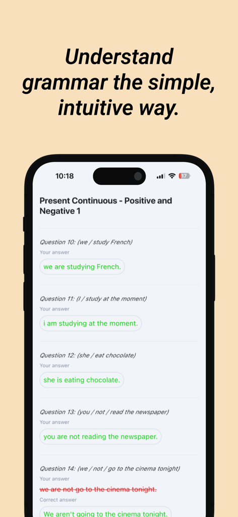The Eng - English Practice - Tela de prática de gramática em inglês no aplicativo The Eng mostrando exercícios do presente contínuo e feedback