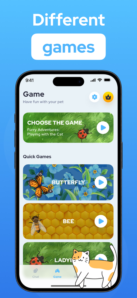 Cat Translator – Pet to Human - Interfaccia dell'app Cat Translator che mostra vari giochi interattivi per animali domestici come farfalla, ape e coccinella
