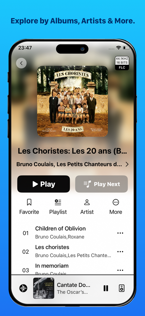 xTune - Lyrion Remote & Player - xTune app interface displaying album details and high fidelity audio information