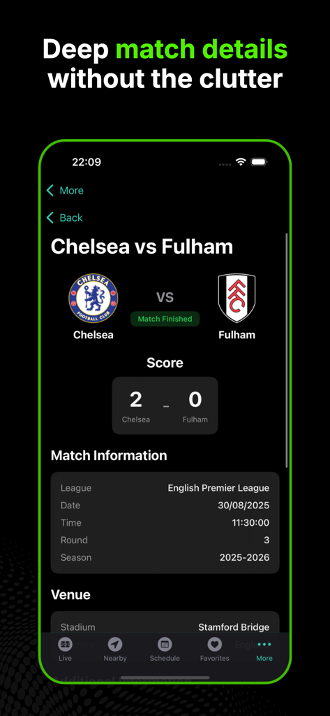 DRM - Live Sports Score & News - Detailed match information for Chelsea vs Fulham in the DRM live sports app dark mode interface.