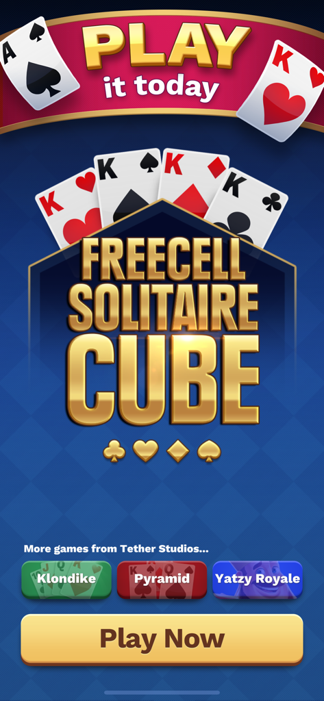 Freecell Solitaire Cube - Freecell Solitaire Cube Spiel-Titelbildschirm mit goldenen Buchstaben und einem 'Jetzt spielen'-Button.