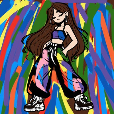 girl in baggy pants crop top and long hair