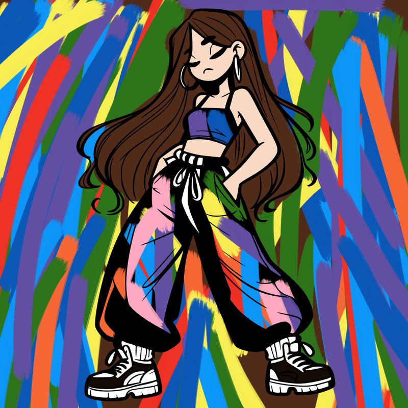 girl in baggy pants crop top and long hair