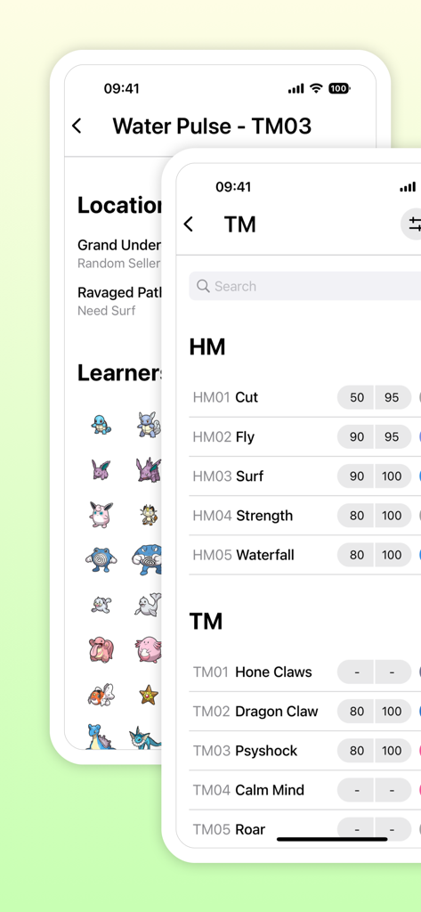ProDex - Complete Game Guide - Telas do aplicativo ProDex mostrando uma lista de movimentos de TM e detalhes para o movimento Water Pulse, incluindo estatísticas e lista de aprendizes