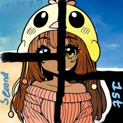 anime girl with chick shaped hat with sweater with bare shoulders with bangs covering them one eye with low tail