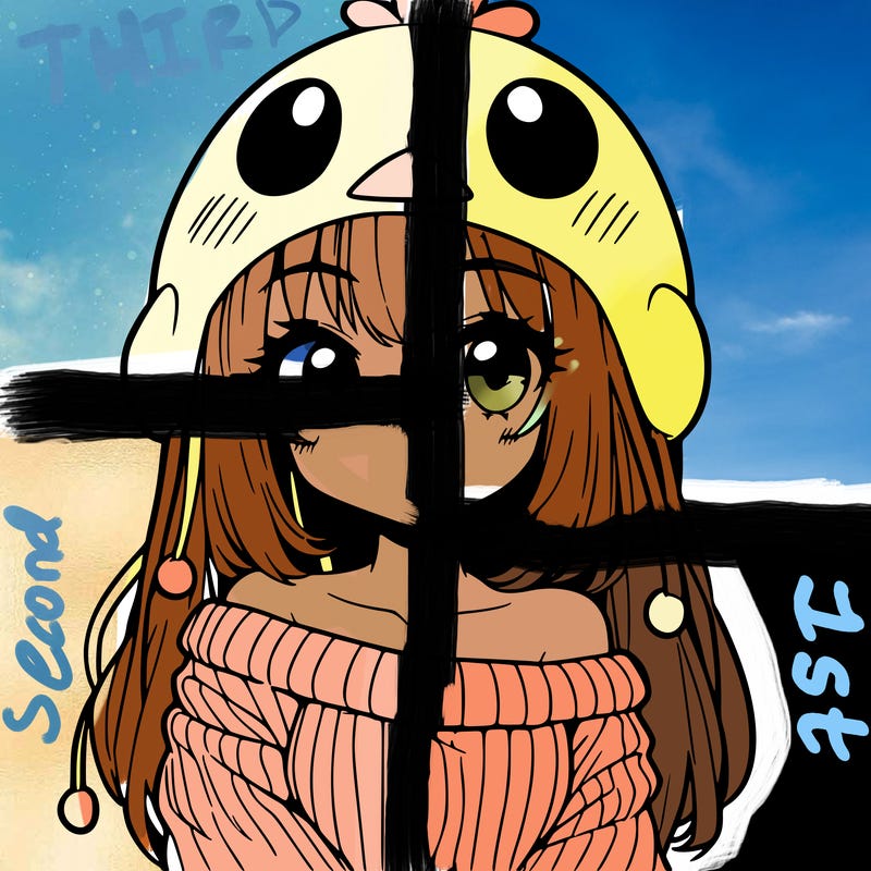 anime girl with chick shaped hat with sweater with bare shoulders with bangs covering them one eye with low tail