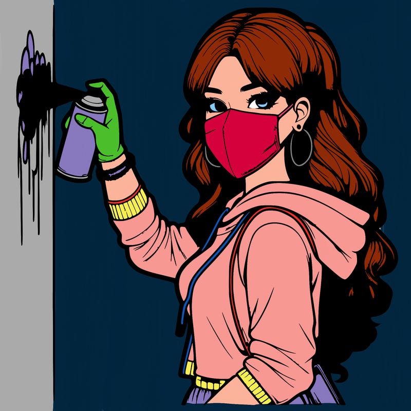 realistic girl with mask spray painting a wall