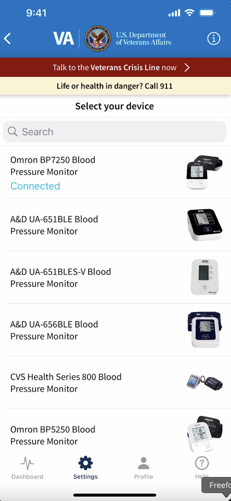 Share My Health Data - VA Share My Health Data app screen for selecting and connecting blood pressure monitors