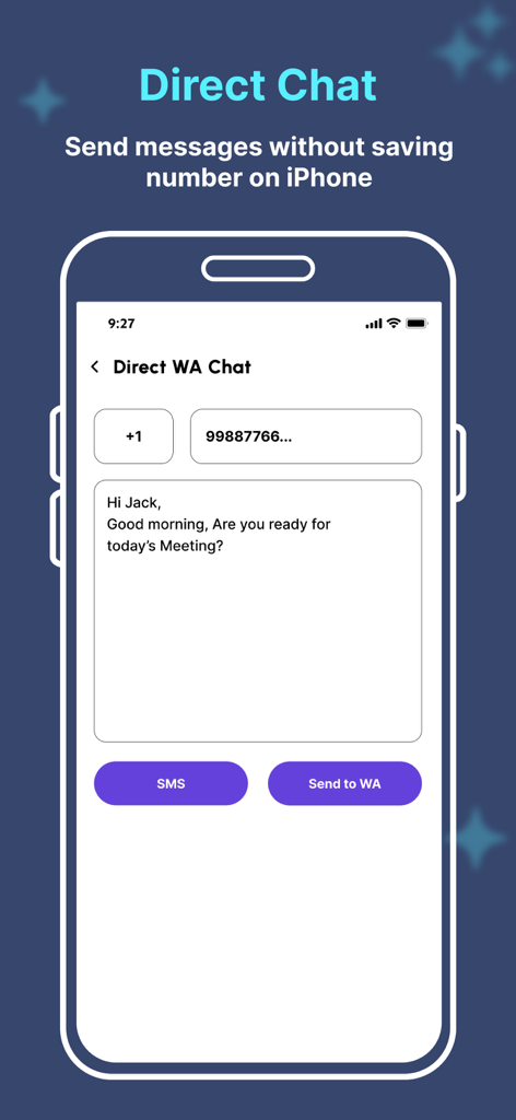 Interface montrant la fonction de discussion directe pour envoyer des messages WhatsApp sans enregistrer les numéros de contact sur iPhone.