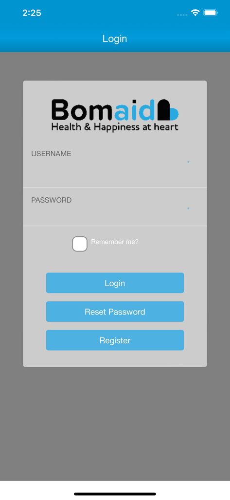 Bomaid mobile app login screen with username and password fields